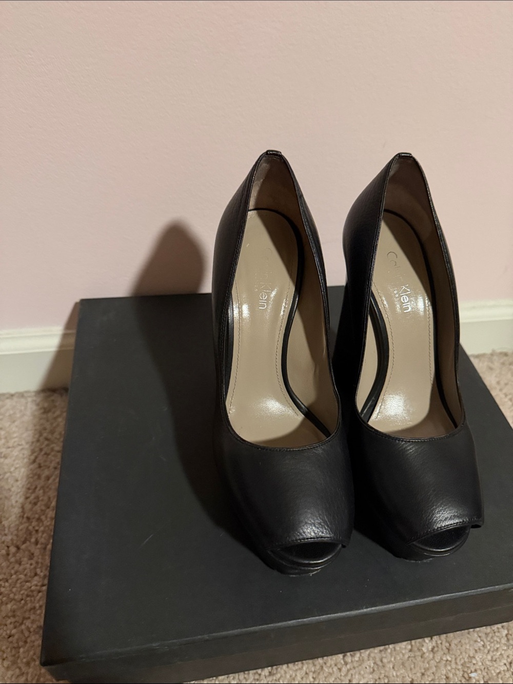 Calvin Klein Black Leather Peep-Toe Pumps